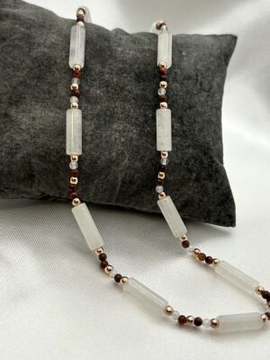 Collier perle Collier longue perle pierre de lune, œil de tigre rouge et hématite rose gold