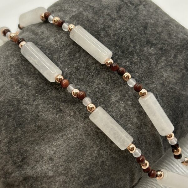 Collier perle Collier longue perle pierre de lune, œil de tigre rouge et hématite rose gold