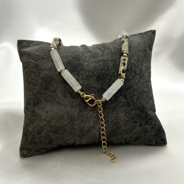 Collier perle Collier longue perle jaspe dalmatien, pierre de lune et acier